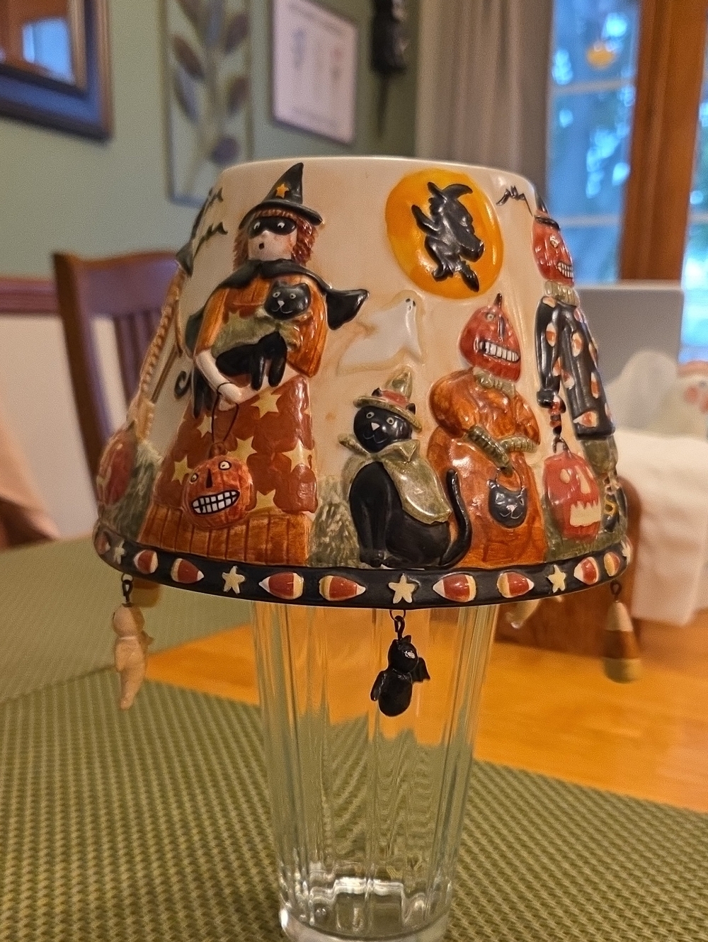 Hand-Painted Halloween Ceramic Lantern Shade — Orange & Black